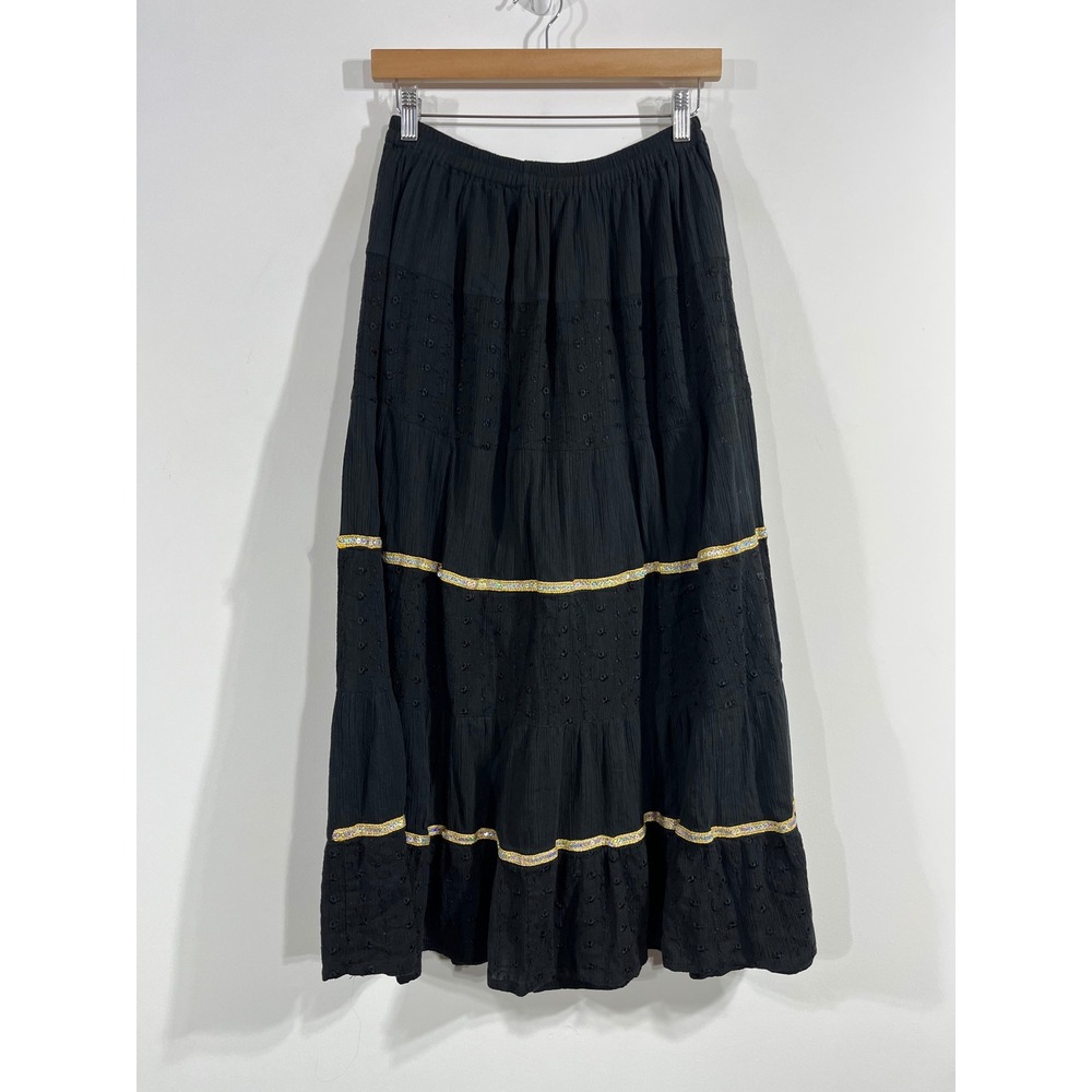 Shylaa Fairy Grunge Black Cotton Eyelet Tiered Maxi Skirt XL Boho Sequin Renfair